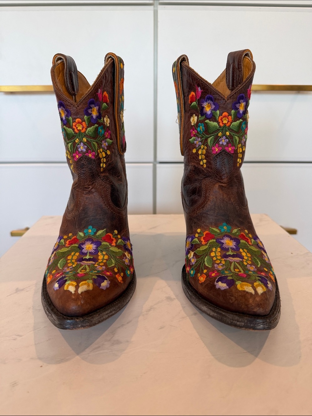 Old Gringo Brown Leather Ankle Boots with Multicolor Floral Embroidery